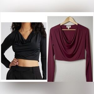 Open Edit Cowl Neck Long Sleeve Crop Top Size Small Burgundy London NWOT